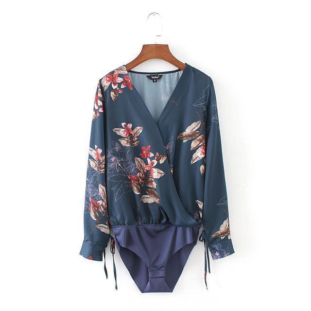 Sexy Deep V Neck Floral Print Bodysuit Shirt