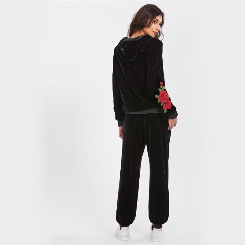 3D Flower Patch Velvet Hoodie & Sweatpants Set