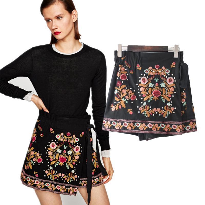 Floral Embroidery Rivet Lace-up Skirts