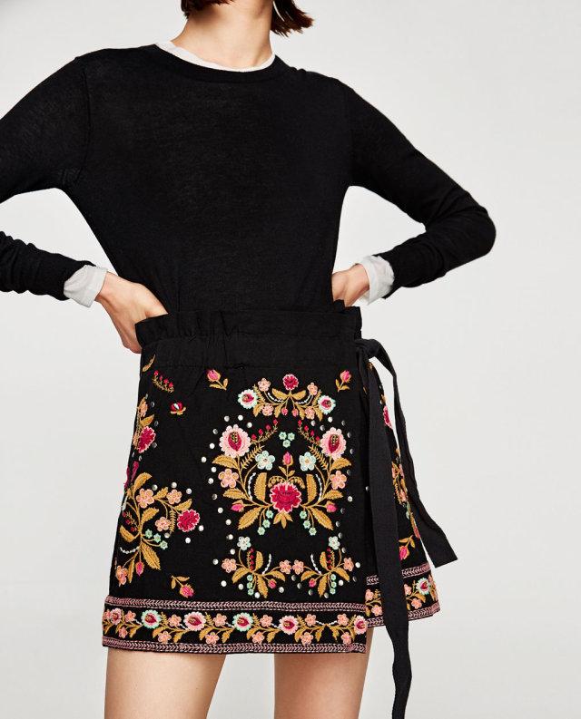 Floral Embroidery Rivet Lace-up Skirts