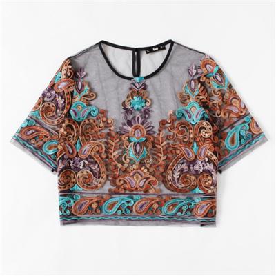 Embroidery Multicolor Short Sleeve Women Blouses