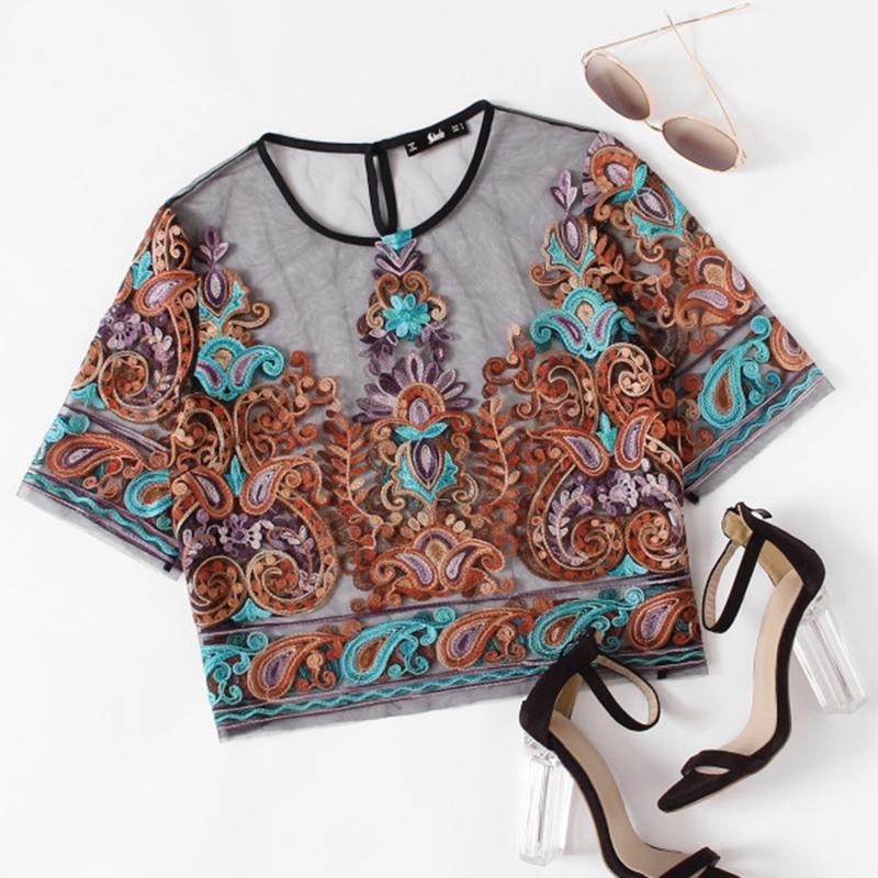 Embroidery Multicolor Short Sleeve Women Blouses
