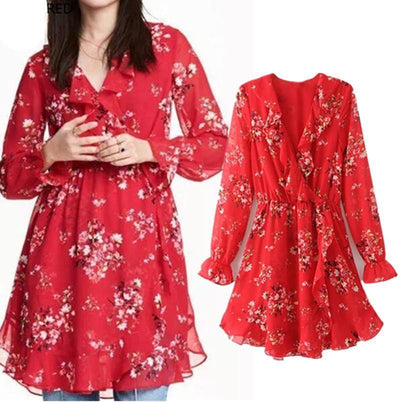 Temperament Floral Print Chiffon Falbala Adornment Party Dress