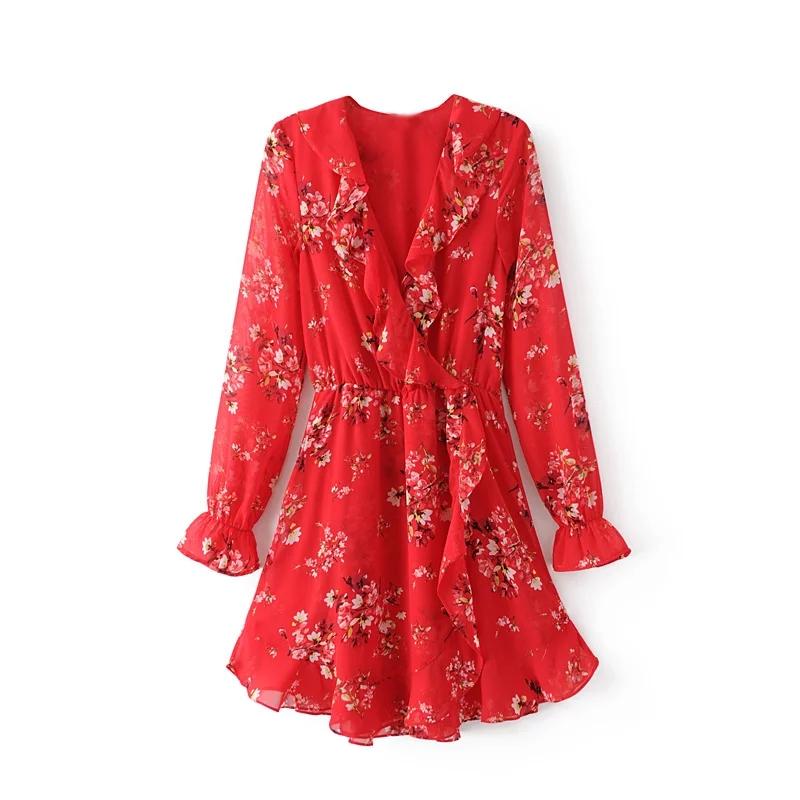 Temperament Floral Print Chiffon Falbala Adornment Party Dress