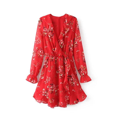Temperament Floral Print Chiffon Falbala Adornment Party Dress