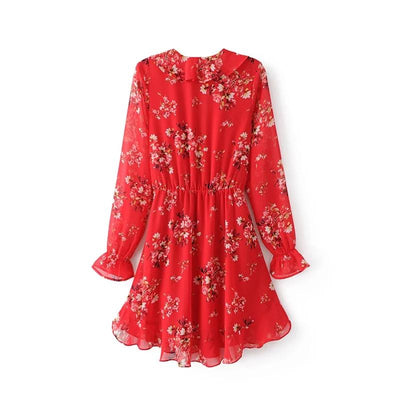 Temperament Floral Print Chiffon Falbala Adornment Party Dress