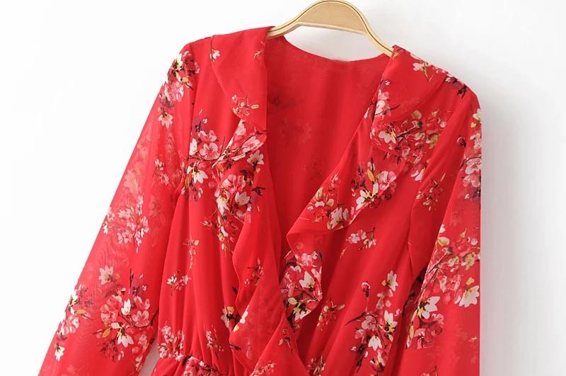 Temperament Floral Print Chiffon Falbala Adornment Party Dress