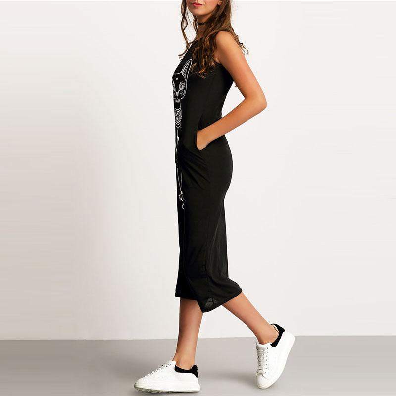 Cat Print Sleeveless Round Neck Shift Tank Long Dress