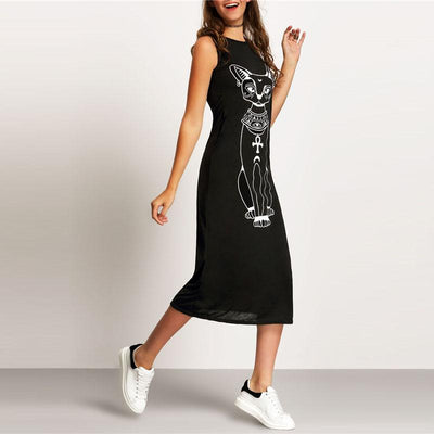 Cat Print Sleeveless Round Neck Shift Tank Long Dress