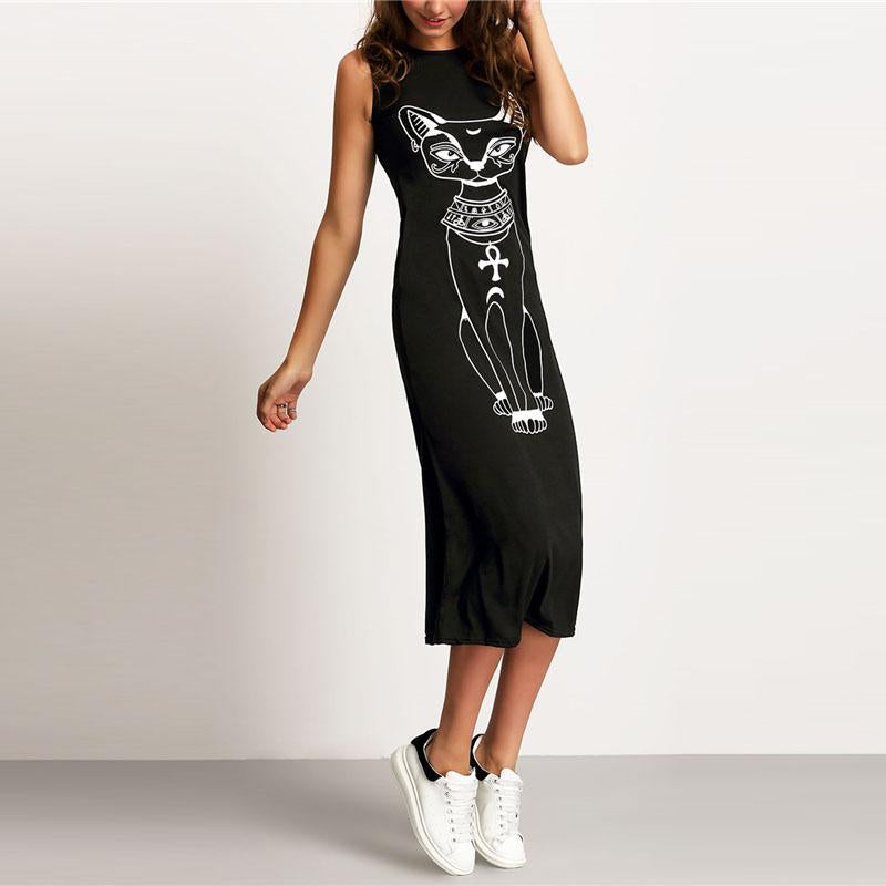 Cat Print Sleeveless Round Neck Shift Tank Long Dress