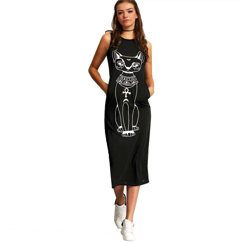 Cat Print Sleeveless Round Neck Shift Tank Long Dress