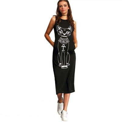 Cat Print Sleeveless Round Neck Shift Tank Long Dress