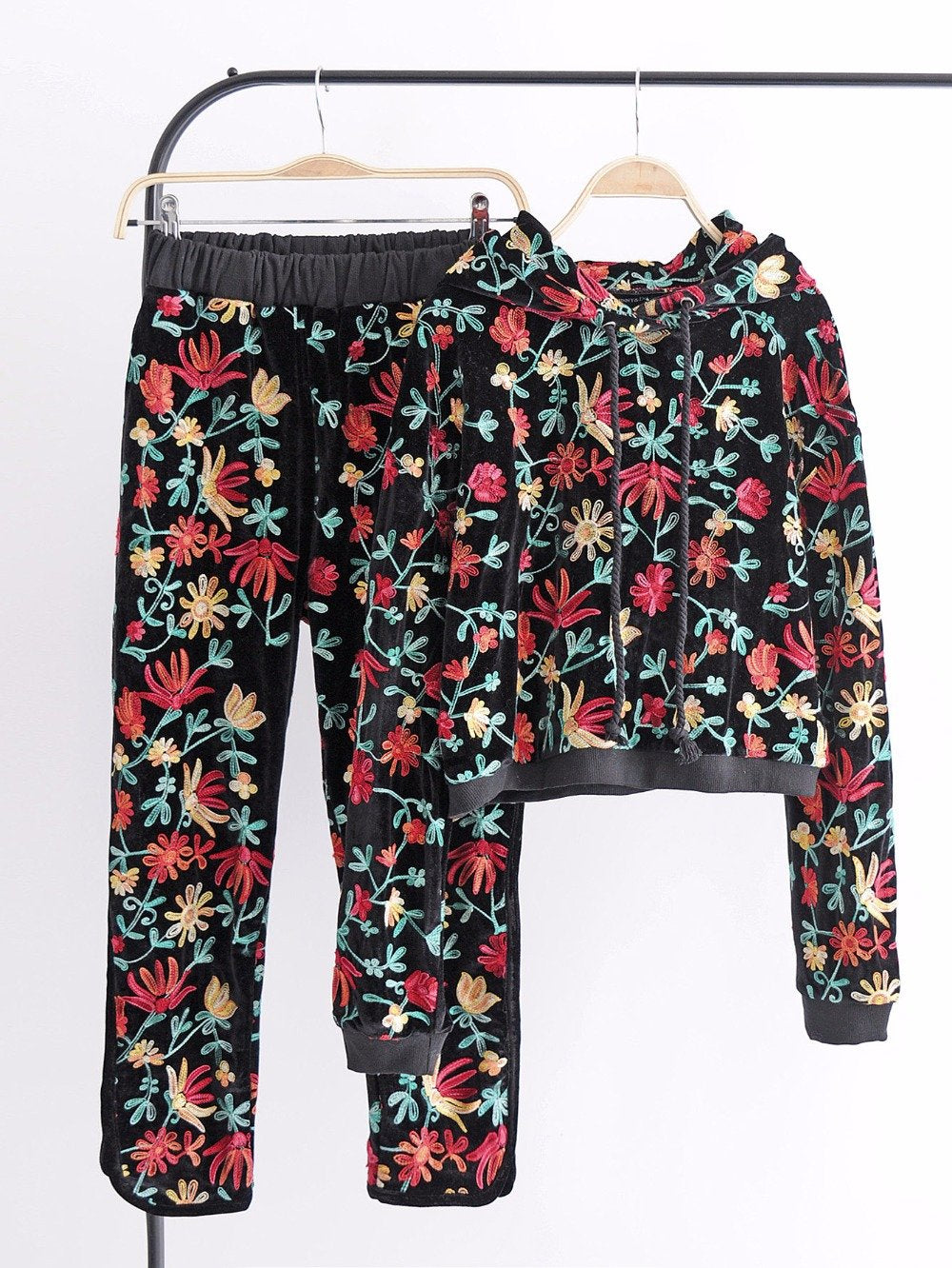 Two Piece Set Women Floral Velvet Hoodied Sweatshirt