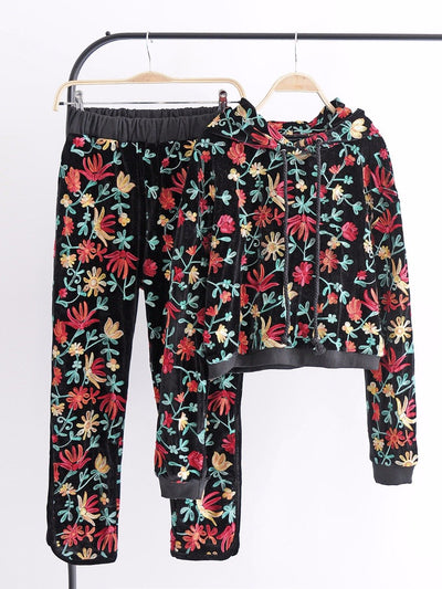 Two Piece Set Women Floral Velvet Hoodied Sweatshirt