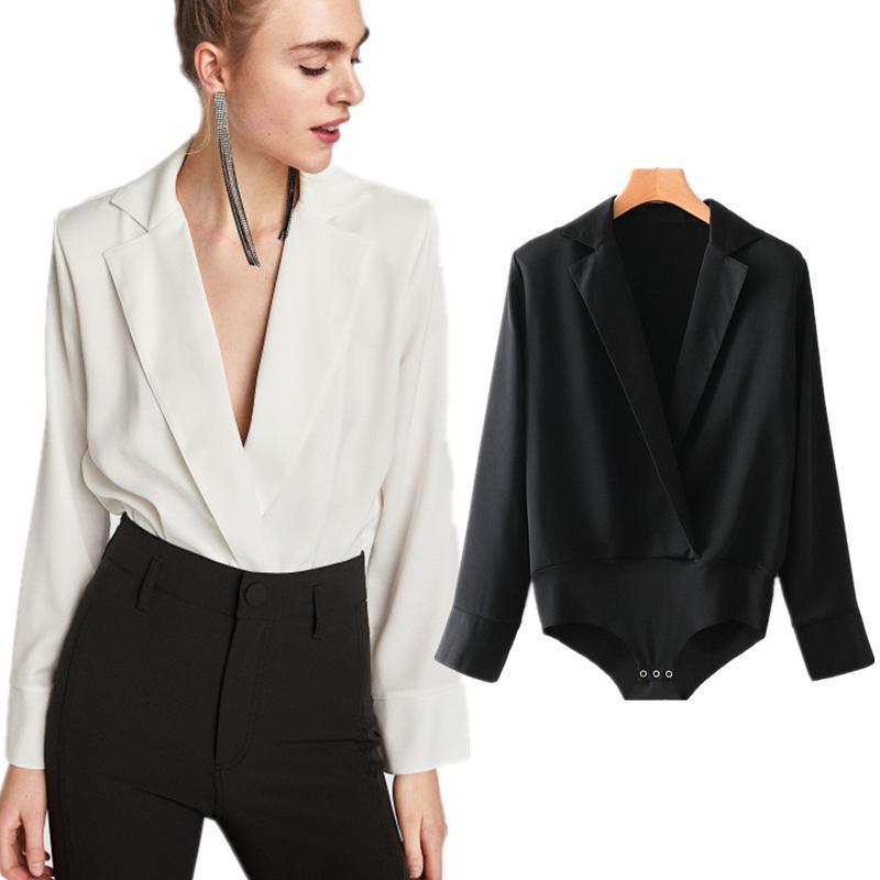 Long Sleeve Sexy Deep V-neck Solid Color Tops