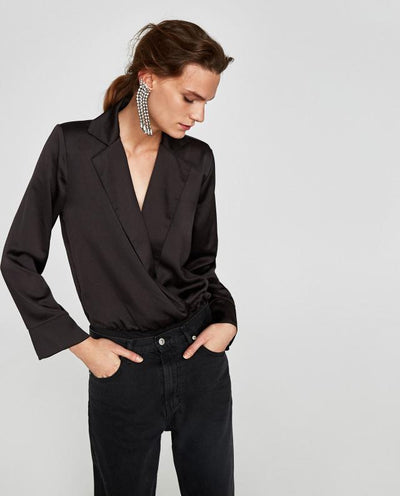 Long Sleeve Sexy Deep V-neck Solid Color Tops