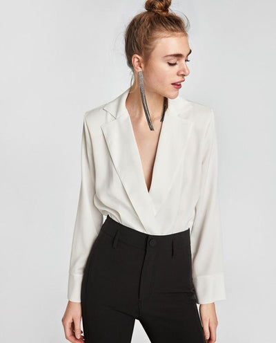 Long Sleeve Sexy Deep V-neck Solid Color Tops