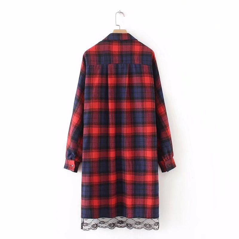 Red Plaid Loose Lace Mosaic Midi Party Dress