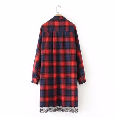 Red Plaid Loose Lace Mosaic Midi Party Dress