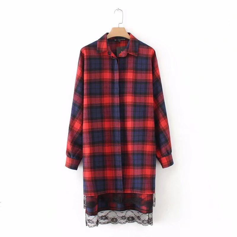 Red Plaid Loose Lace Mosaic Midi Party Dress