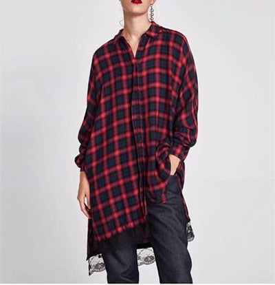 Red Plaid Loose Lace Mosaic Midi Party Dress