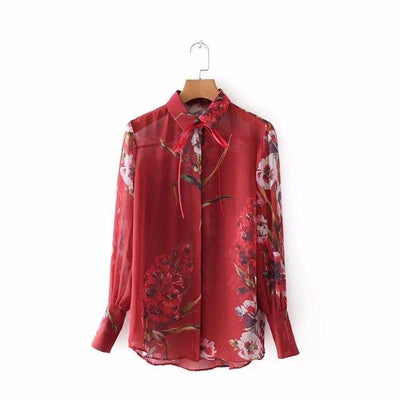High Street Lace Up Red Floral Printing Tops