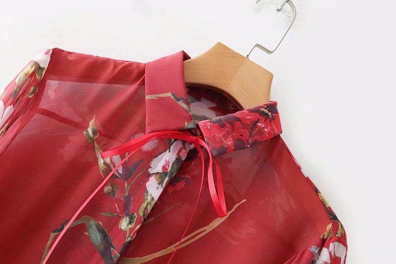 High Street Lace Up Red Floral Printing Tops