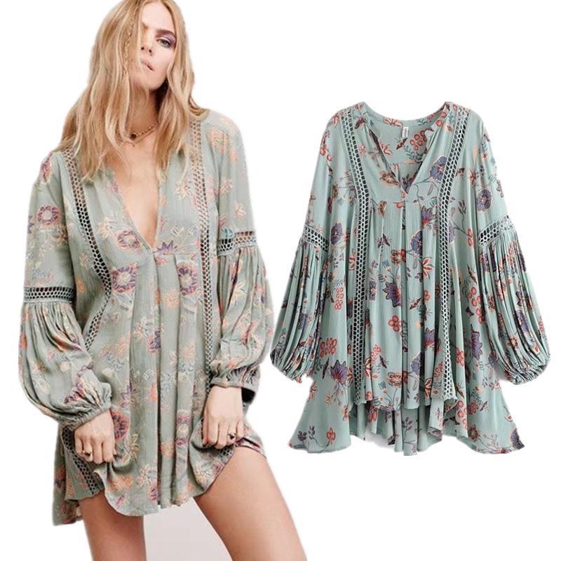 Bohemian Style Printing Of Floral Batwing Loose Beach Dress