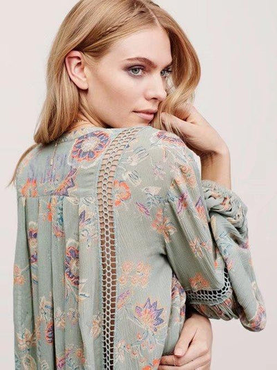 Bohemian Style Printing Of Floral Batwing Loose Beach Dress