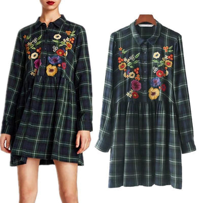 England Style Green Plaid Floral Embroidery In Bust Party Dress