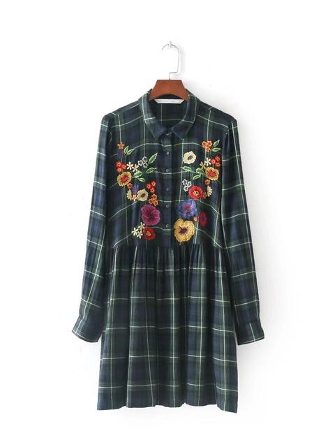 England Style Green Plaid Floral Embroidery In Bust Party Dress