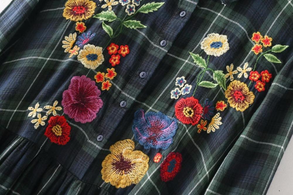 England Style Green Plaid Floral Embroidery In Bust Party Dress