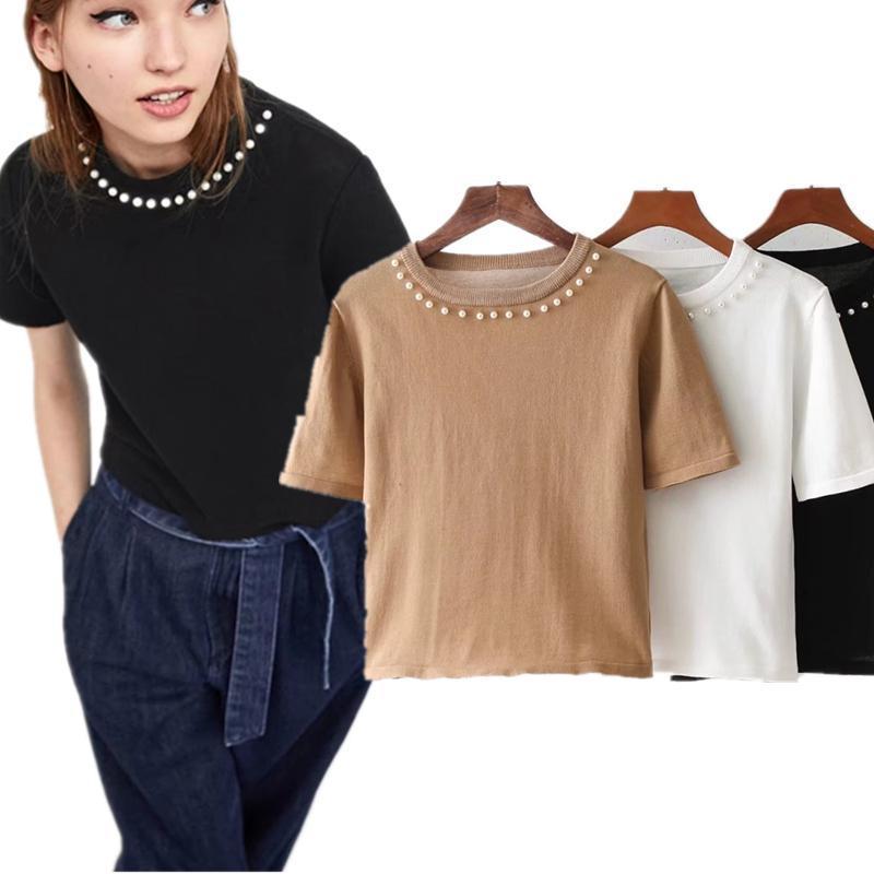 High Street Pearl Ornament Solid Color O-neck Knitted Crop Tops