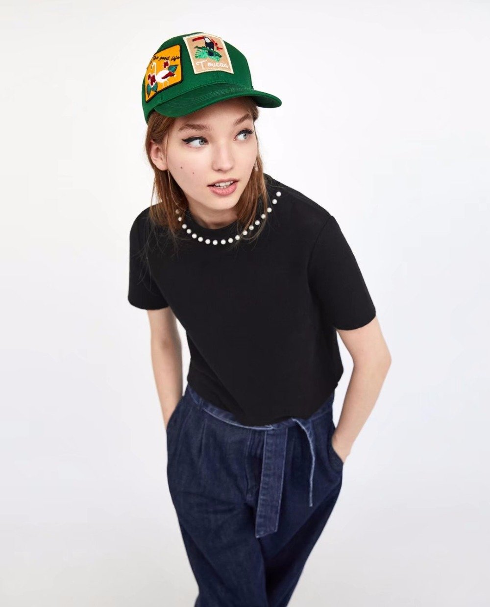 High Street Pearl Ornament Solid Color O-neck Knitted Crop Tops