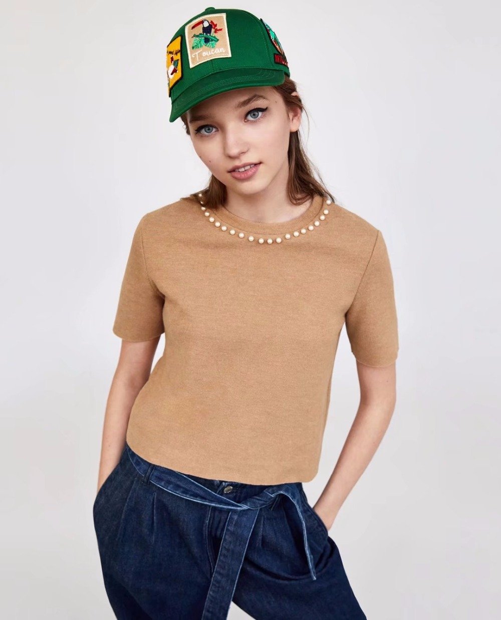 High Street Pearl Ornament Solid Color O-neck Knitted Crop Tops
