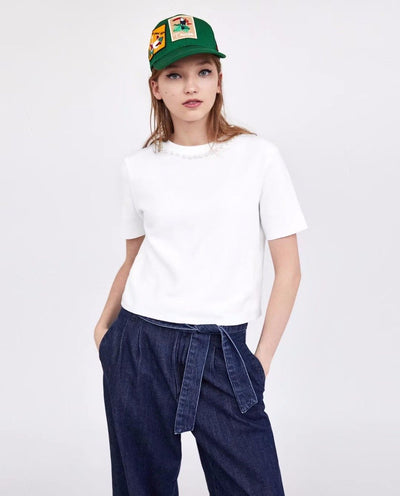 High Street Pearl Ornament Solid Color O-neck Knitted Crop Tops