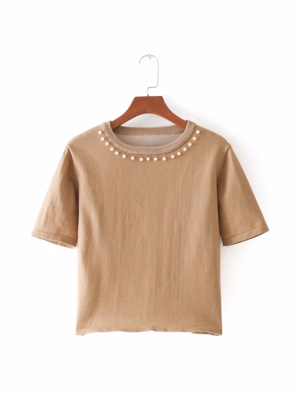 High Street Pearl Ornament Solid Color O-neck Knitted Crop Tops