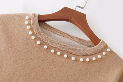 High Street Pearl Ornament Solid Color O-neck Knitted Crop Tops