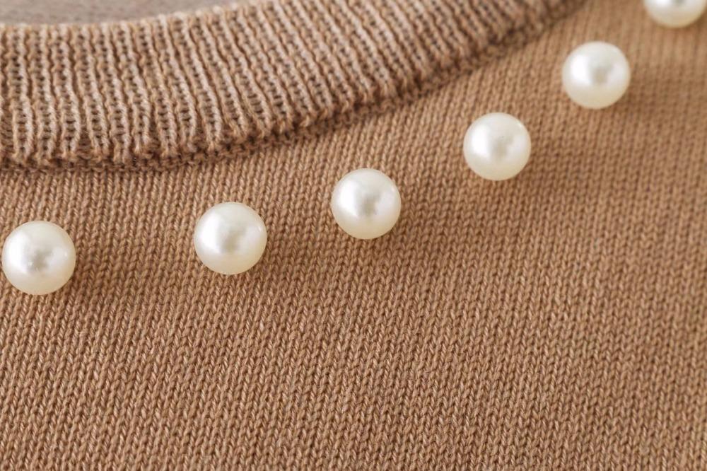 High Street Pearl Ornament Solid Color O-neck Knitted Crop Tops