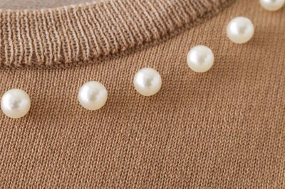 High Street Pearl Ornament Solid Color O-neck Knitted Crop Tops