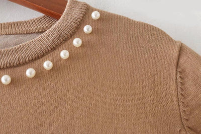 High Street Pearl Ornament Solid Color O-neck Knitted Crop Tops