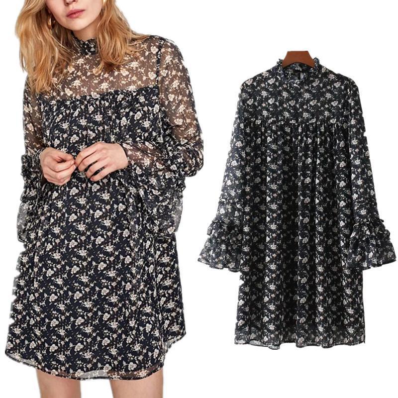 Perspective Printing Of Floral Stand Collar Party Dress