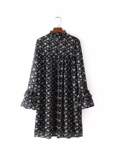 Perspective Printing Of Floral Stand Collar Party Dress