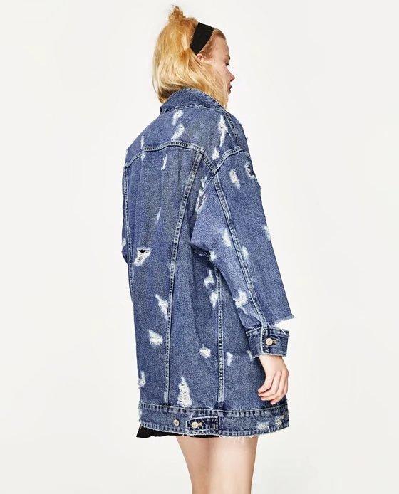 Washed Hole Boyfriend Style Loose Denim Blue Long Jacket