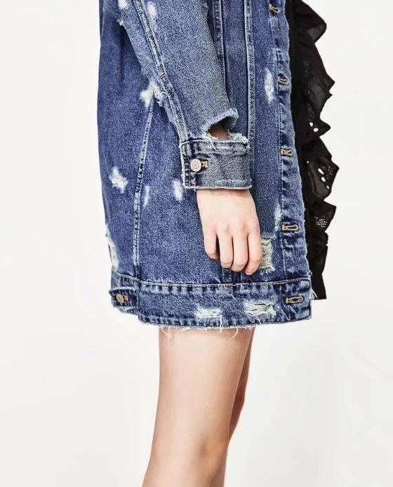 Washed Hole Boyfriend Style Loose Denim Blue Long Jacket
