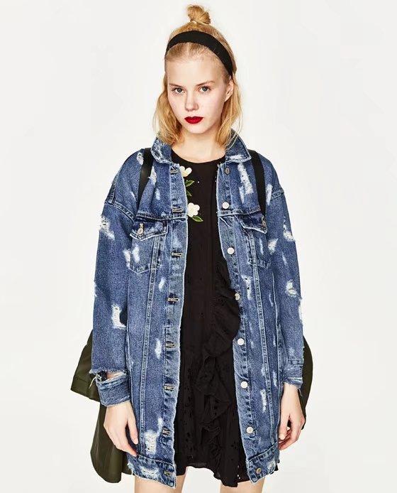 Washed Hole Boyfriend Style Loose Denim Blue Long Jacket