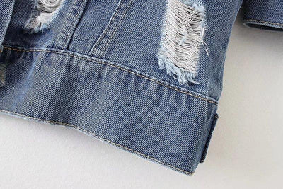 Washed Hole Boyfriend Style Loose Denim Blue Long Jacket