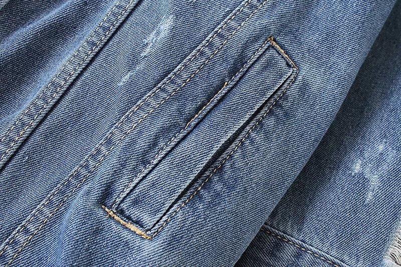 Washed Hole Boyfriend Style Loose Denim Blue Long Jacket