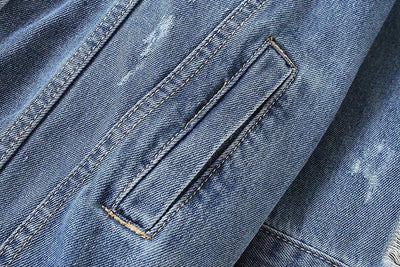 Washed Hole Boyfriend Style Loose Denim Blue Long Jacket