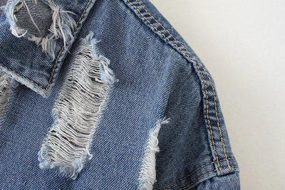 Washed Hole Boyfriend Style Loose Denim Blue Long Jacket